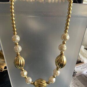 Necklace,Faux Pearl And Gold Fluted Shaped Beads